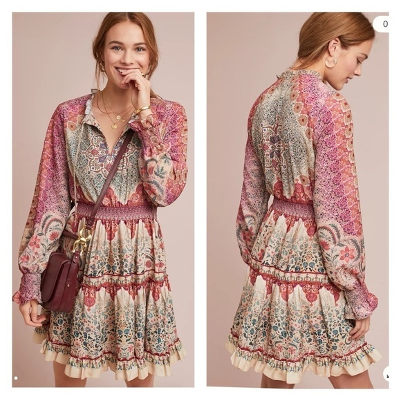 SIDDHARTHA BANSAL Anthropologie Dakota Long Sleeve Peasant Mini Dress Small - Picture 1 of 8